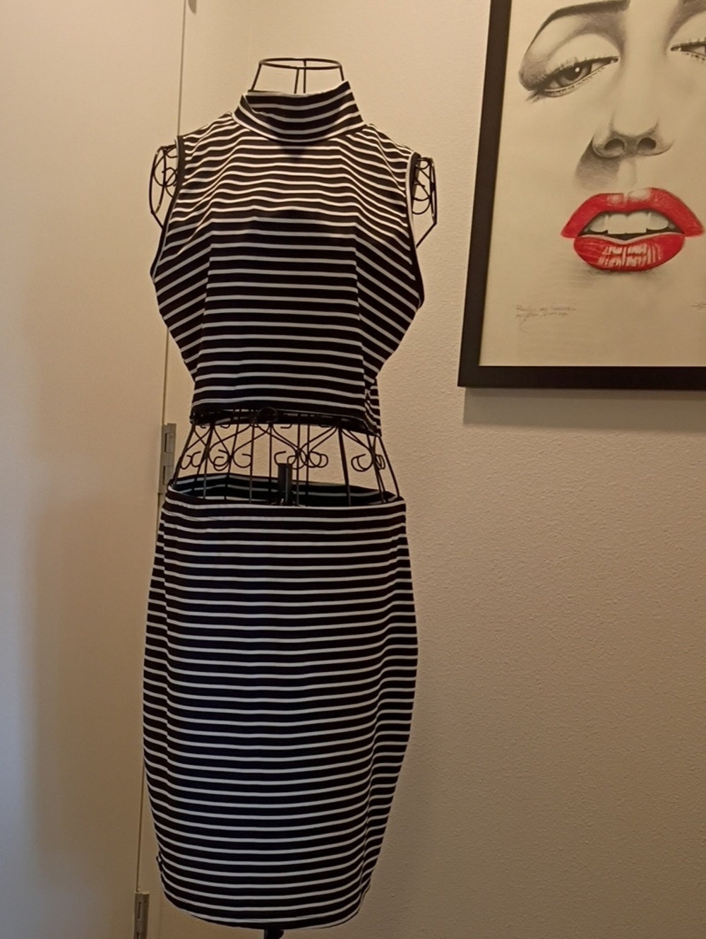 Black & White Striped Turtleneck Cutout Midi Skirt